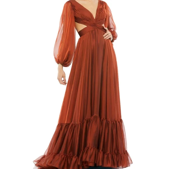 Mac Duggal 67948 Copper Criss Cross Waist Bishop Sleeve Dress Sz. 2 - Picture 1 of 12